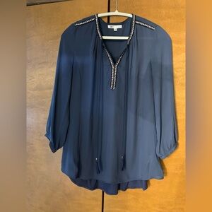 Navy Blue Women's Top with Embellished Neckline